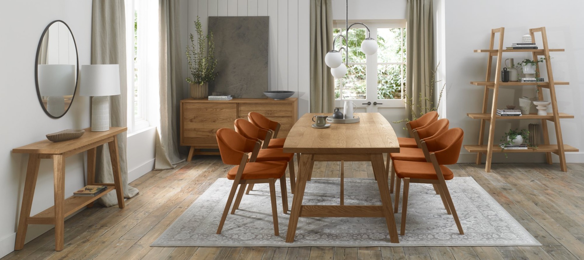 Camden Rustic Oak Upholstered Chair in a Rust Velvet Fabric (Pair) by Bentley Designs | Style Our Home