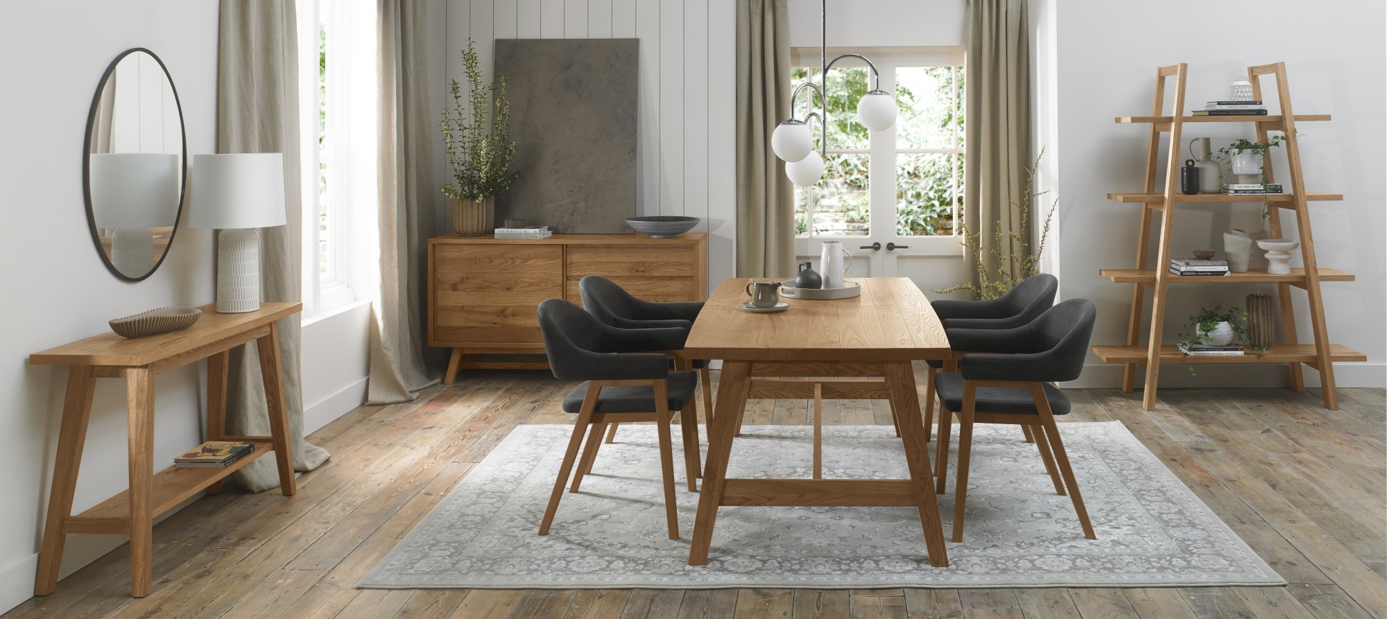 Camden Rustic Oak 4-6 Seater Table & 4 Arm Chairs in Dark Grey Fabric by Bentley Designs | Style Our Home