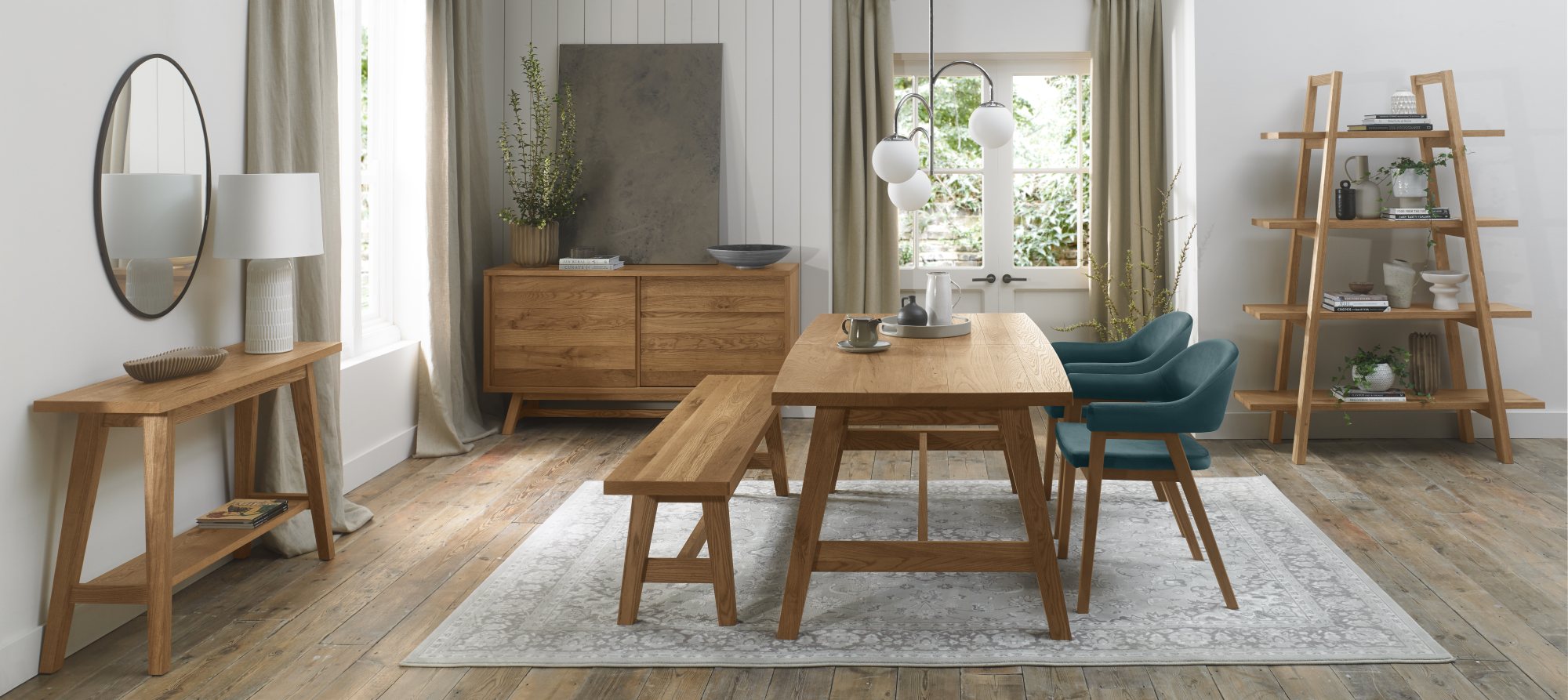 Camden Rustic Oak 4-6 Seater Table & 2 Arm Chairs inzure Velvet & Small Bench by Bentley Designs | Style Our Home