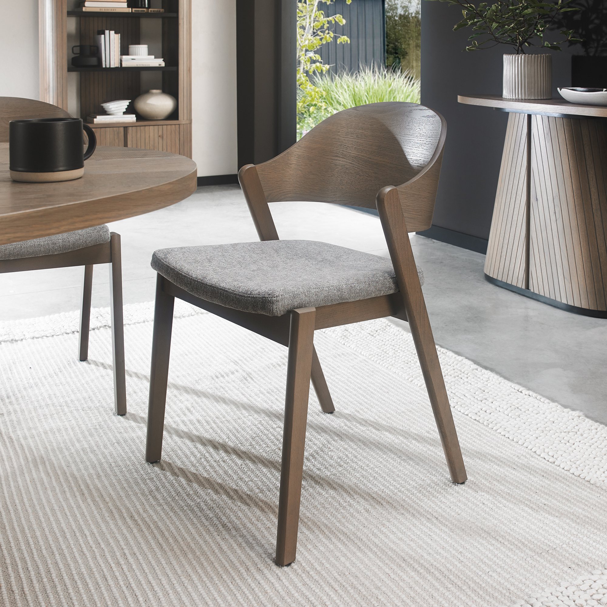 Vega Grey Oiled Oak Ply Back Chair - Grey Fabric (Pair) by Bentley Designs | Style Our Home
