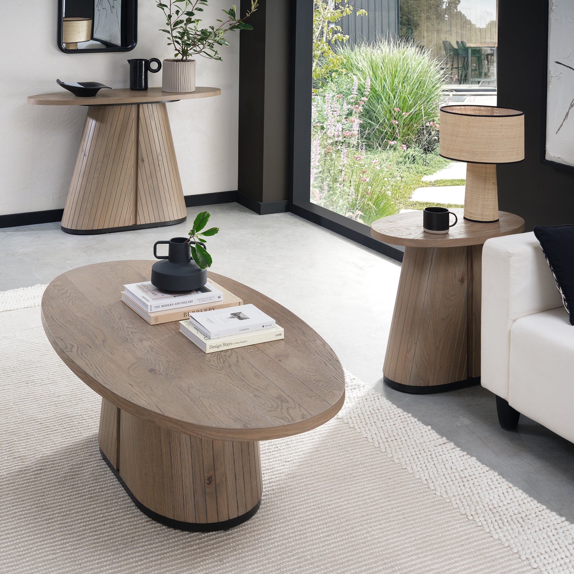 Vega Grey Oiled Oak & Peppercorn Oval Lamp Table by Bentley Designs | Style Our Home