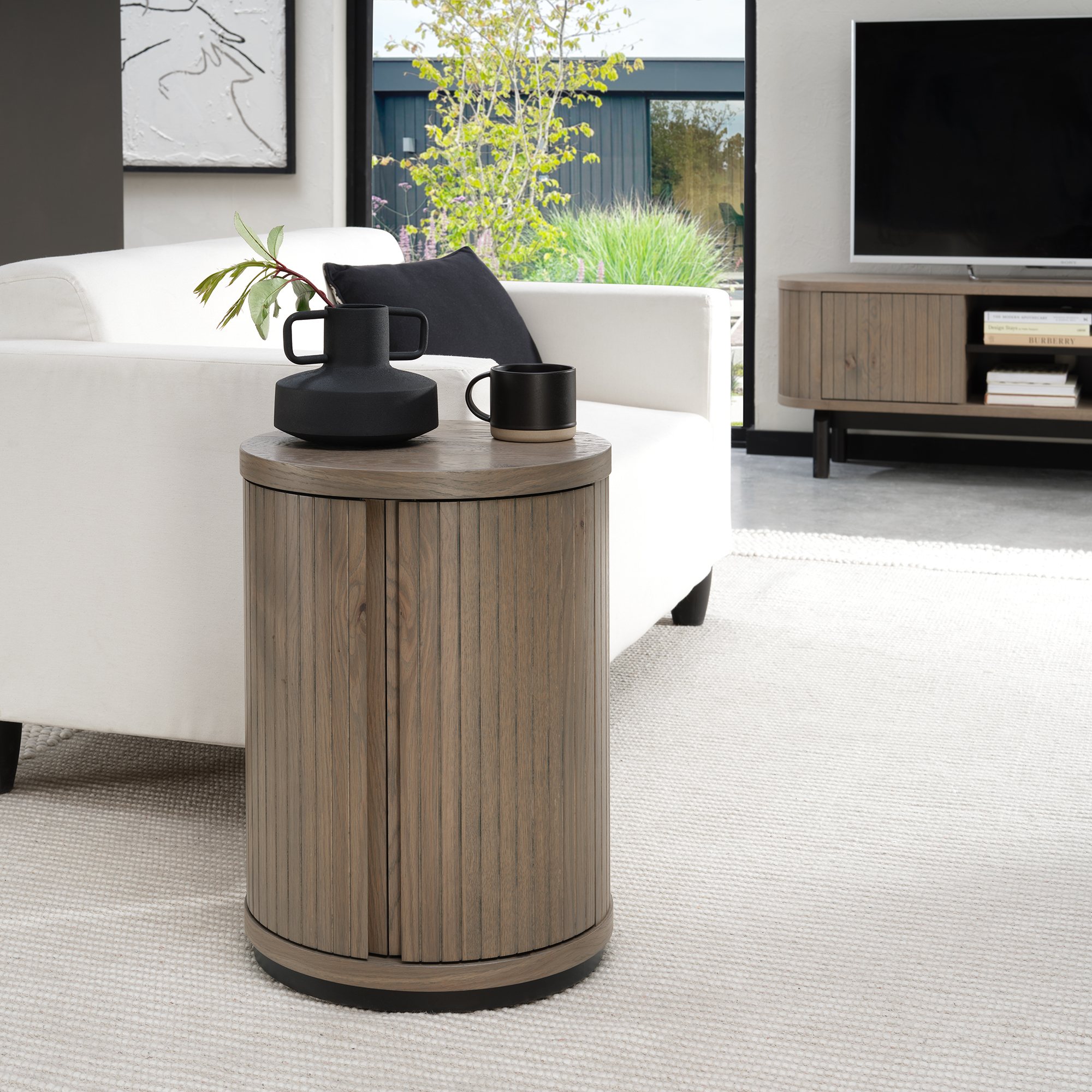 Vega Grey Oiled Oak & Peppercorn Round Lamp Table by Bentley Designs | Style Our Home