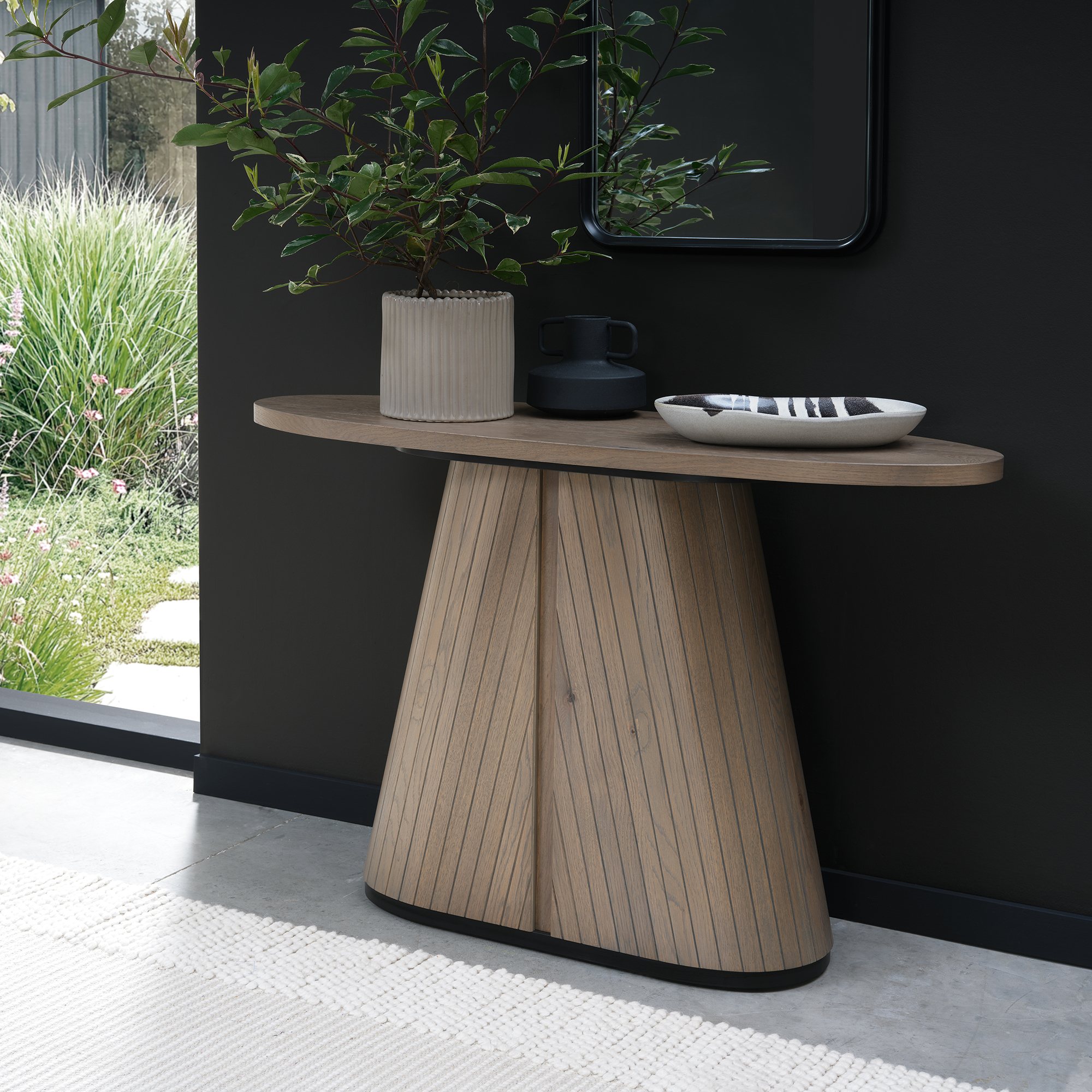 Vega Grey Oiled Oak & Peppercorn Oval Console Table by Bentley Designs | Style Our Home