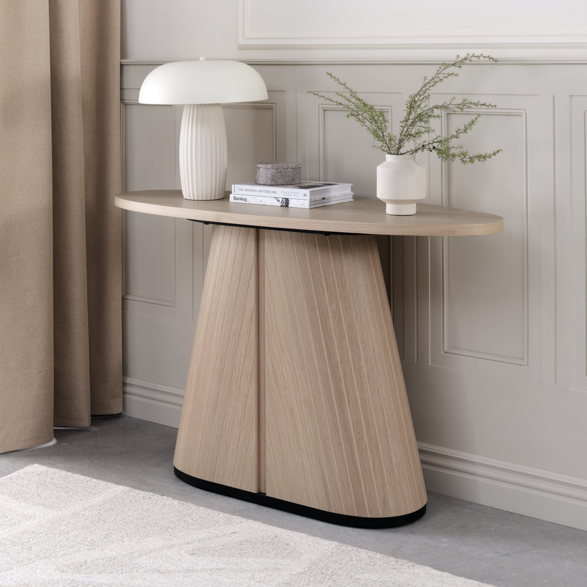 Vega Scandi Oak & Peppercorn Oval Console Table by Bentley Designs | Style Our Home