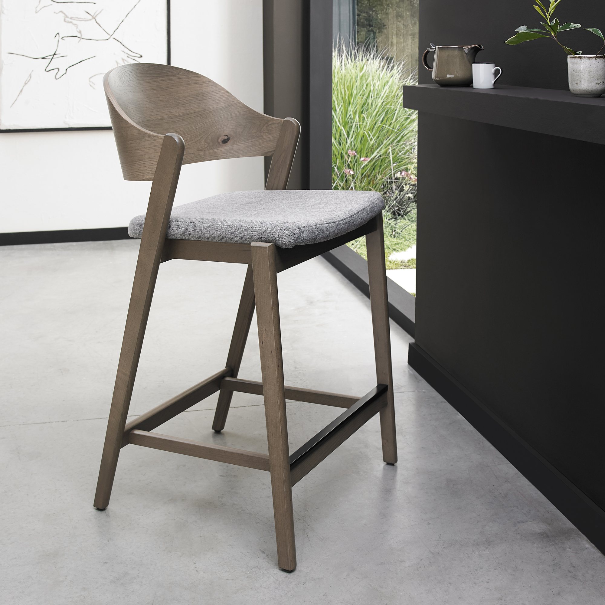 Vega Grey Oiled Oak Bar Stool - Grey Fabric (Single) by Bentley Designs | Style Our Home