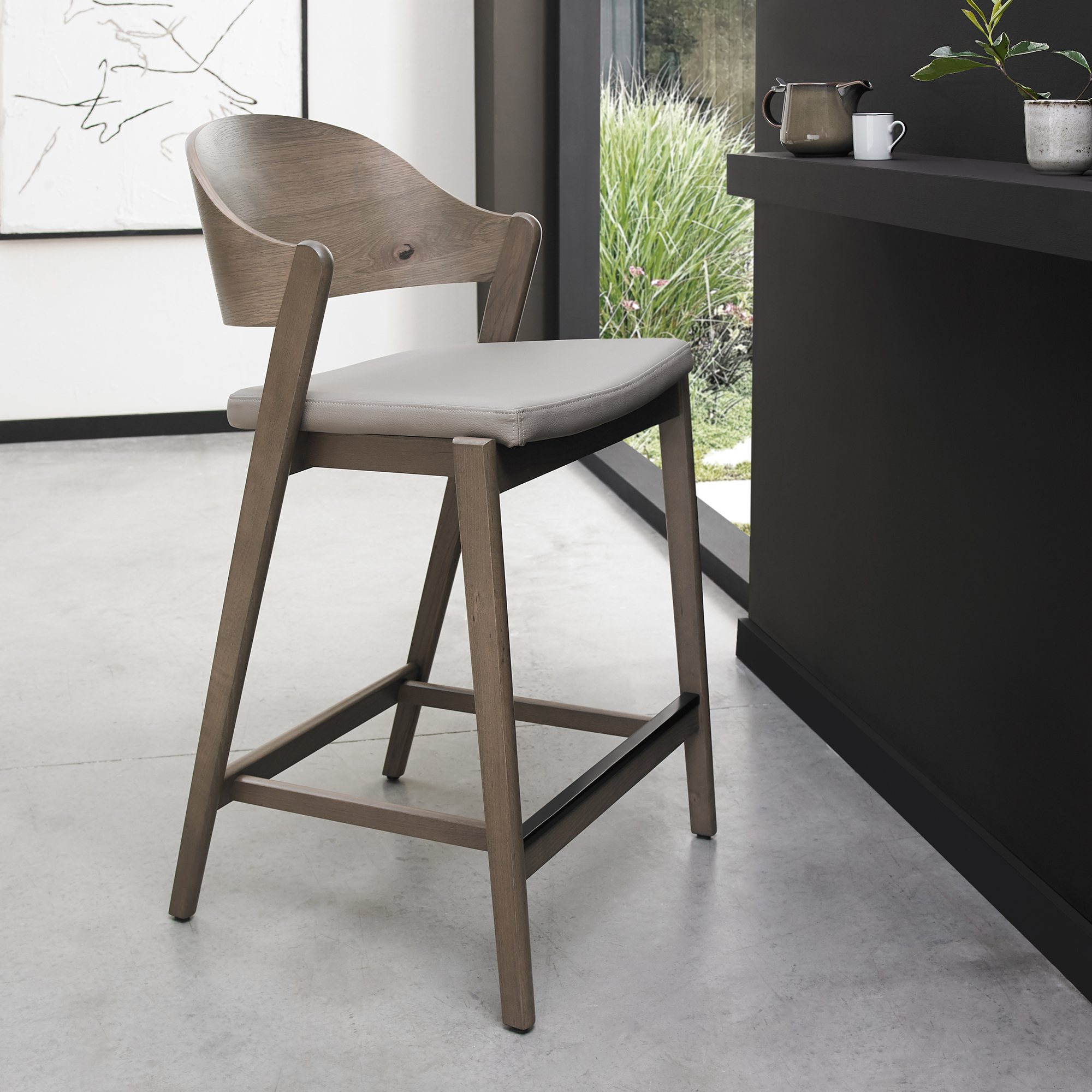 Vega Grey Oiled Oak Bar Stool - Grey Bonded Leather (Single) by Bentley Designs | Style Our Home