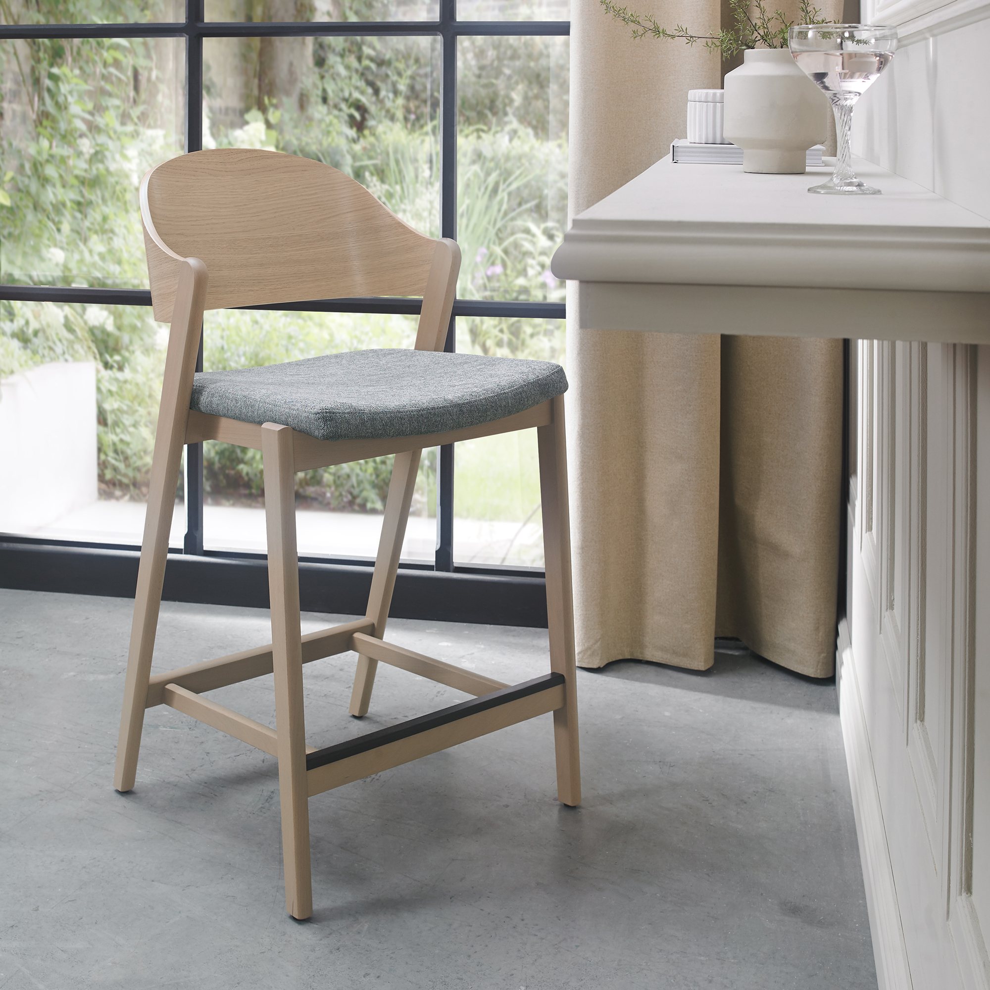 Vega Scandi Oak Bar Stool - Grey Fabric (Single) by Bentley Designs | Style Our Home