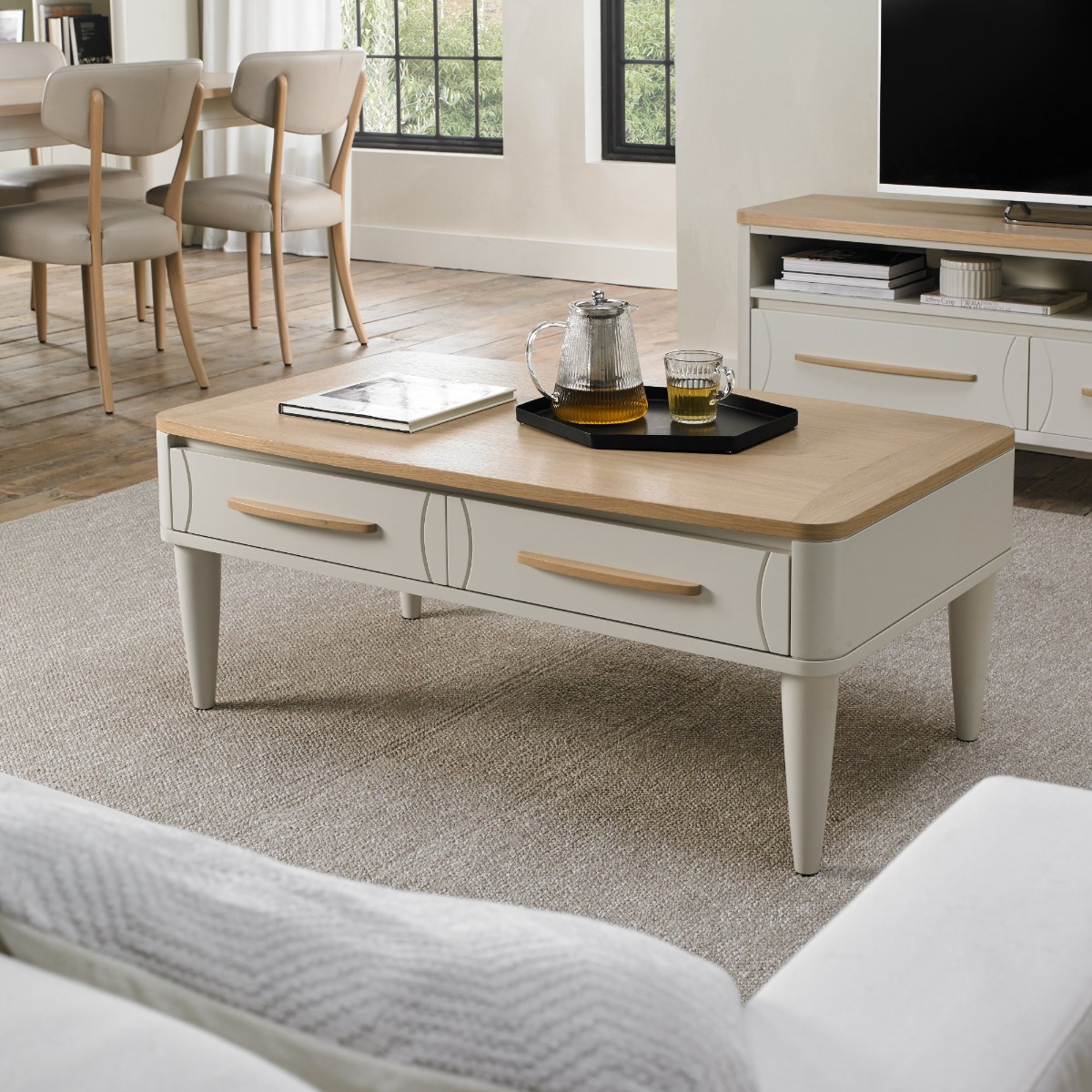 Larsen Scandi Oak & Soft Grey Coffee Table with Drawer by Bentley Designs | Style Our Home
