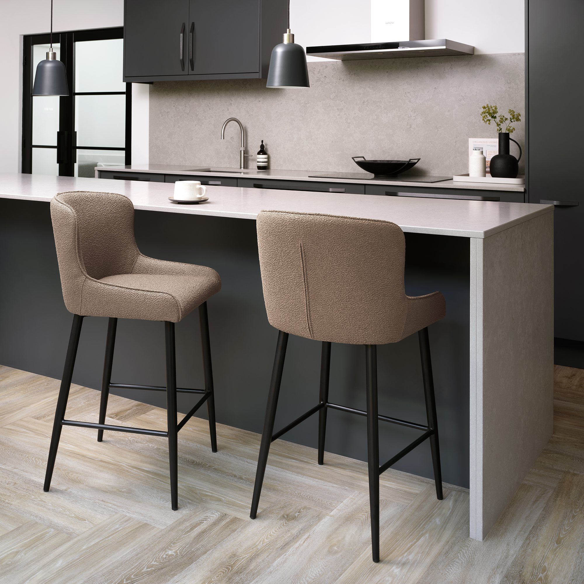 Rubens - Mocha Beige Boucle Fabric Bar Stool with Black Legs (Pair) by Bentley Designs | Style Our Home