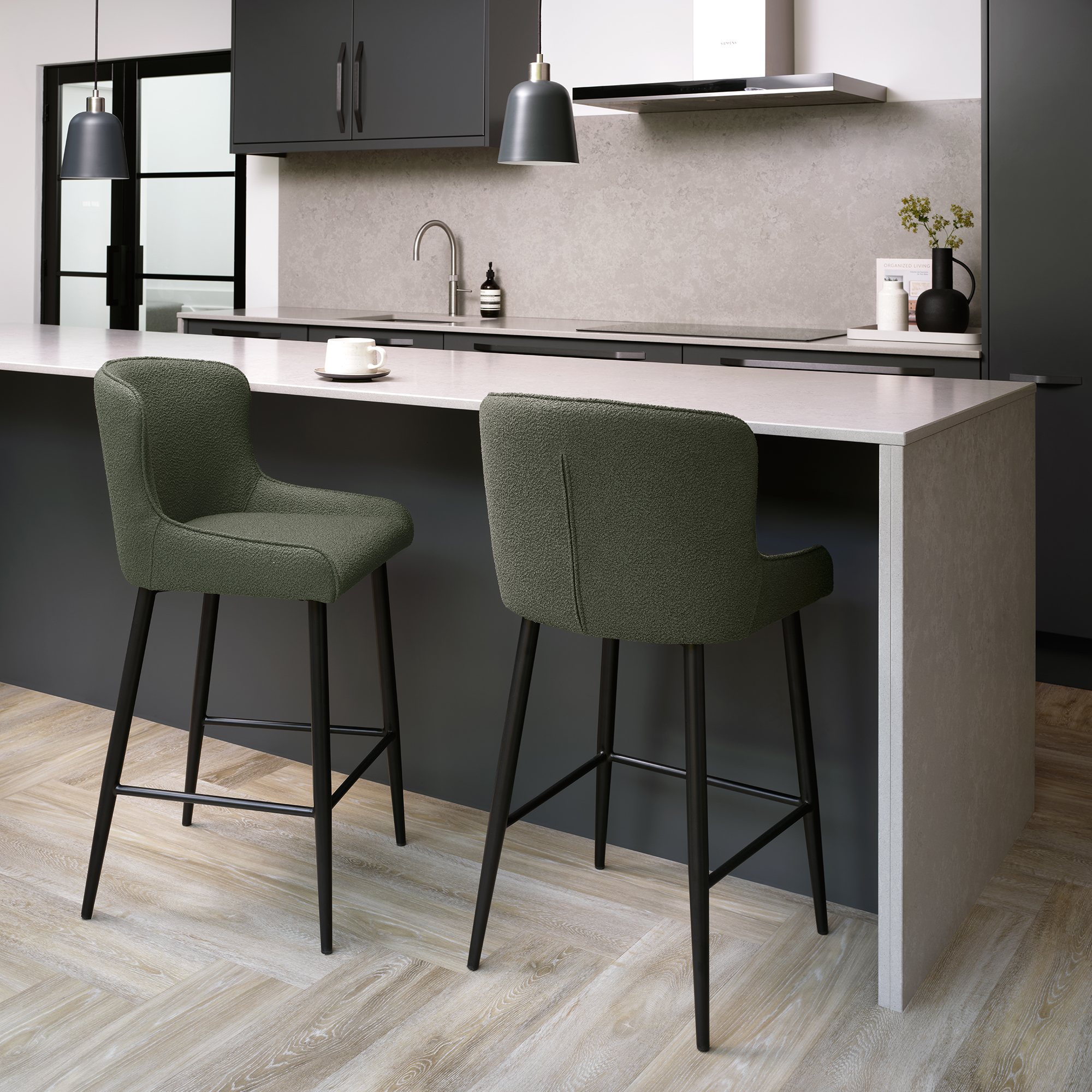 Rubens - Green Boucle Fabric Bar Stool with Black Legs (Pair) by Bentley Designs | Style Our Home