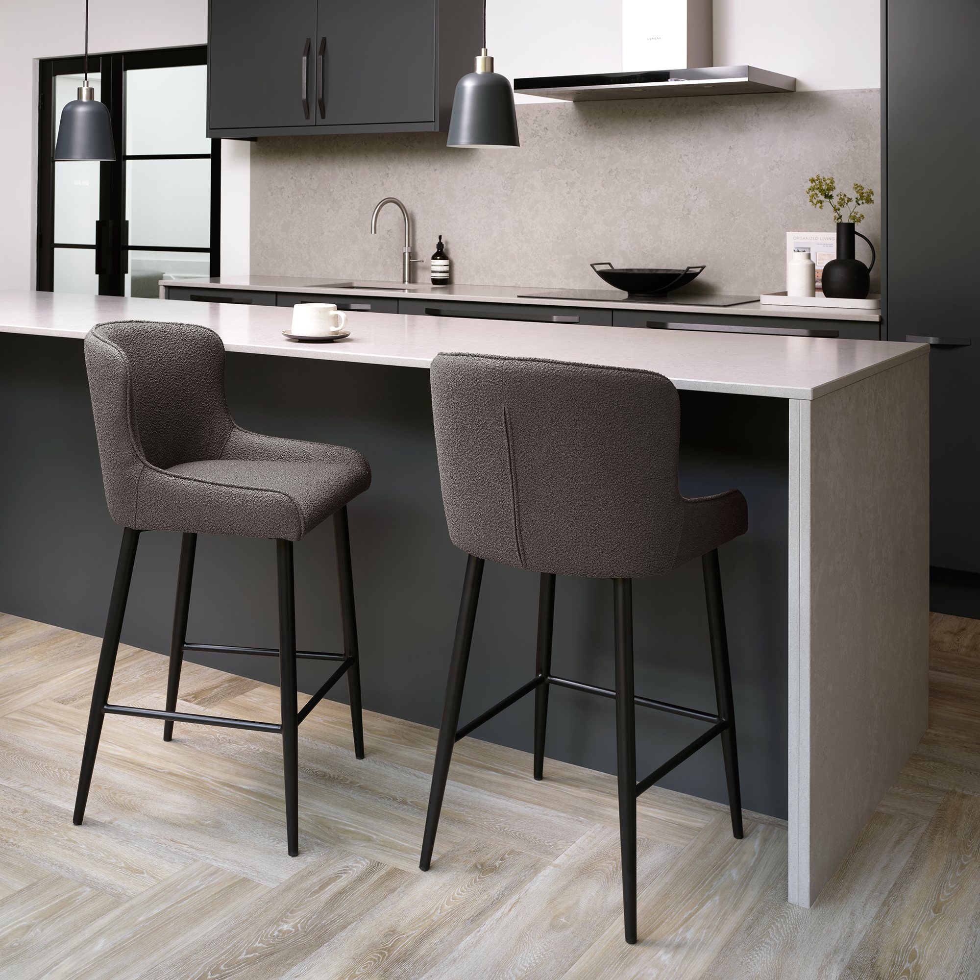 Rubens - Grey Boucle Fabric Bar Stool with Black Legs (Pair) by Bentley Designs | Style Our Home