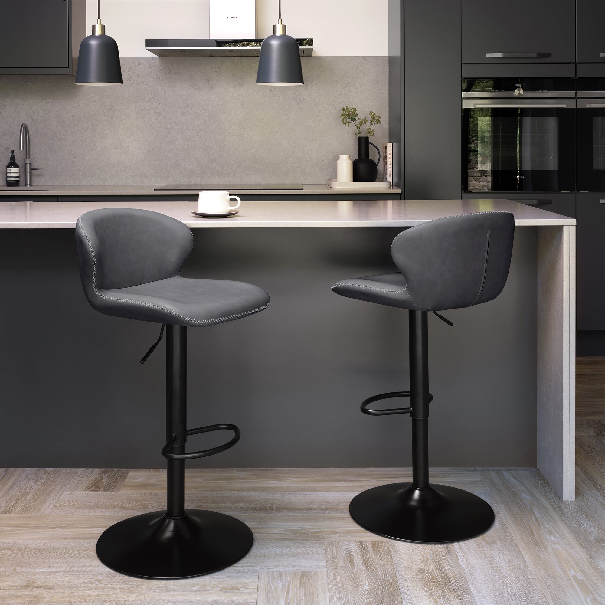 Rosso - Dark Grey Vintage Faux Leather Gas Lift Swivel Barstool with Black Base (Single) by Bentley Designs | Style Our Home