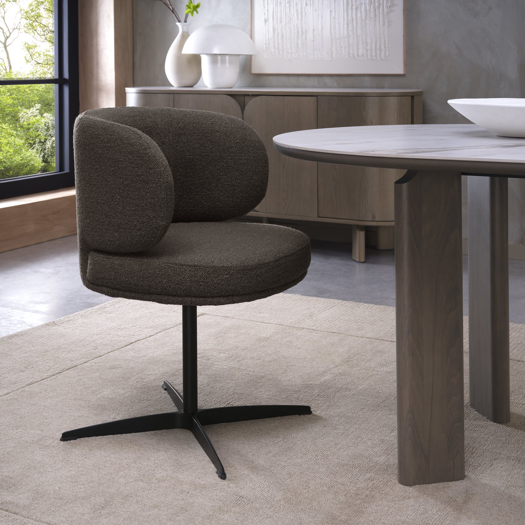 Marcel - 360° Swivel Chair in a Brown Boucle Fabric with Black Legs (Pair) by Bentley Designs | Style Our Home