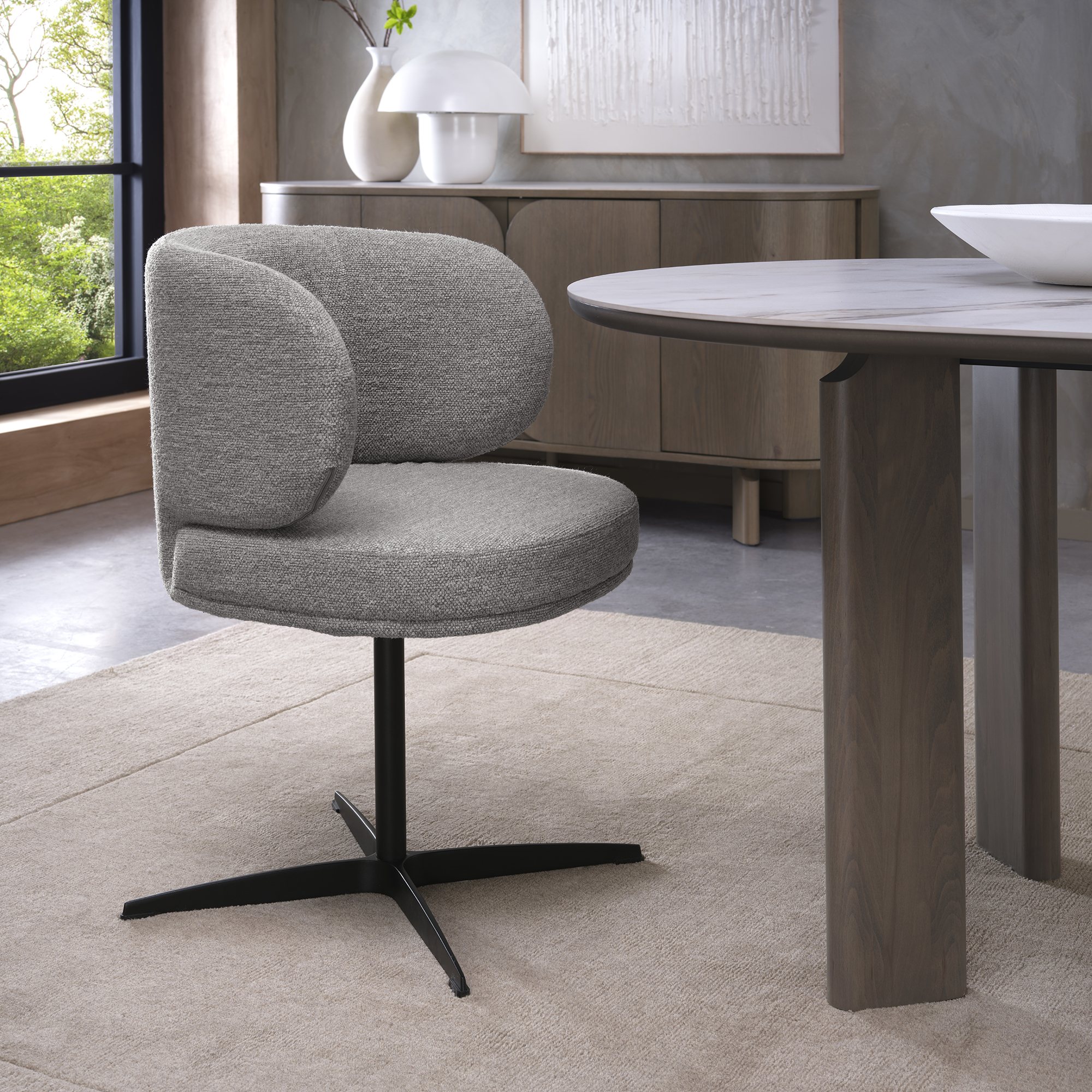 Marcel - 360° Swivel Chair in a Grey Boucle Fabric with Black Legs (Pair) by Bentley Designs | Style Our Home