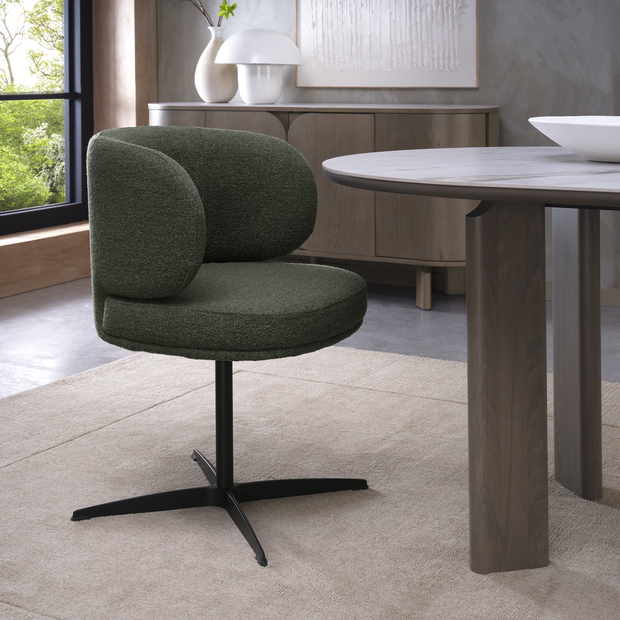Marcel - 360° Swivel Chair in a Green Boucle Fabric with Black Legs (Pair) by Bentley Designs | Style Our Home