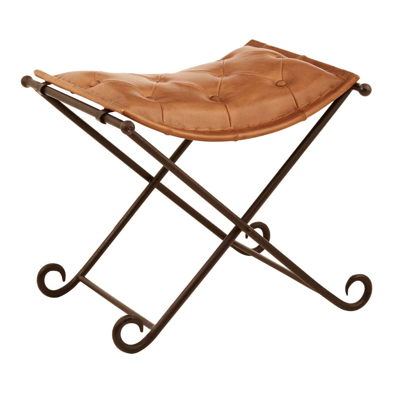 Bufvora Brown Leather and Iron Folding Stool by Prestige Designs | Style Our Home