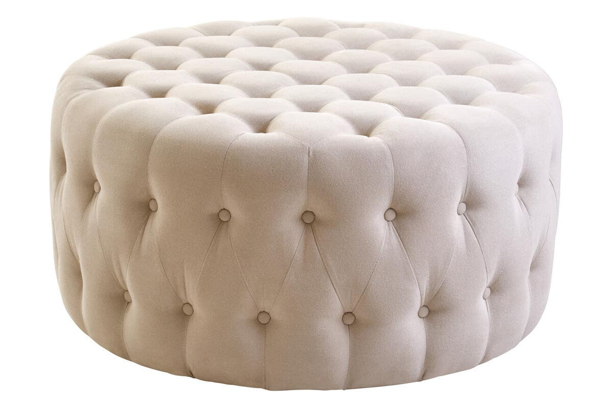 Halexa Beige Velvet Round Tufted Footstool by Prestige Designs | Style Our Home