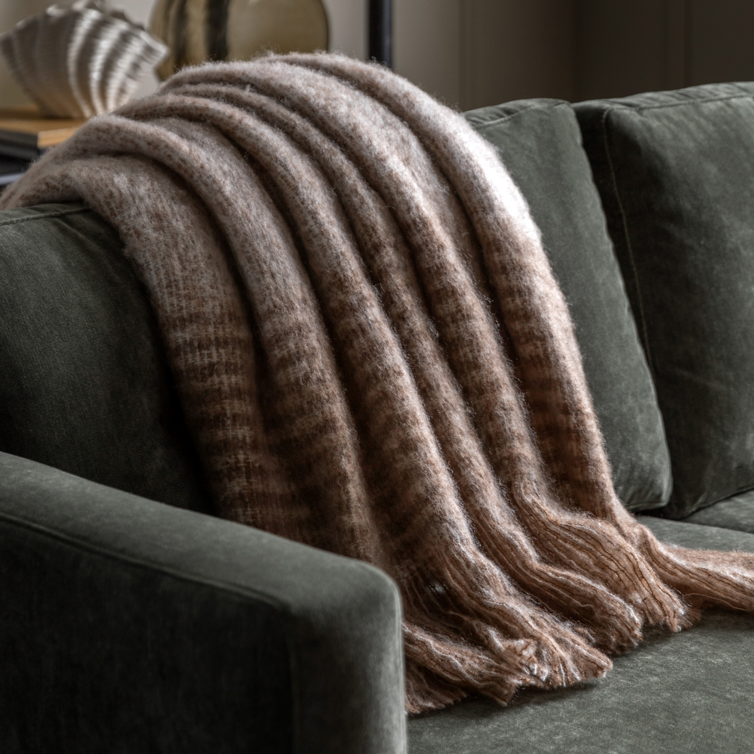 Fauxano Mohair Fringe Throw Brown