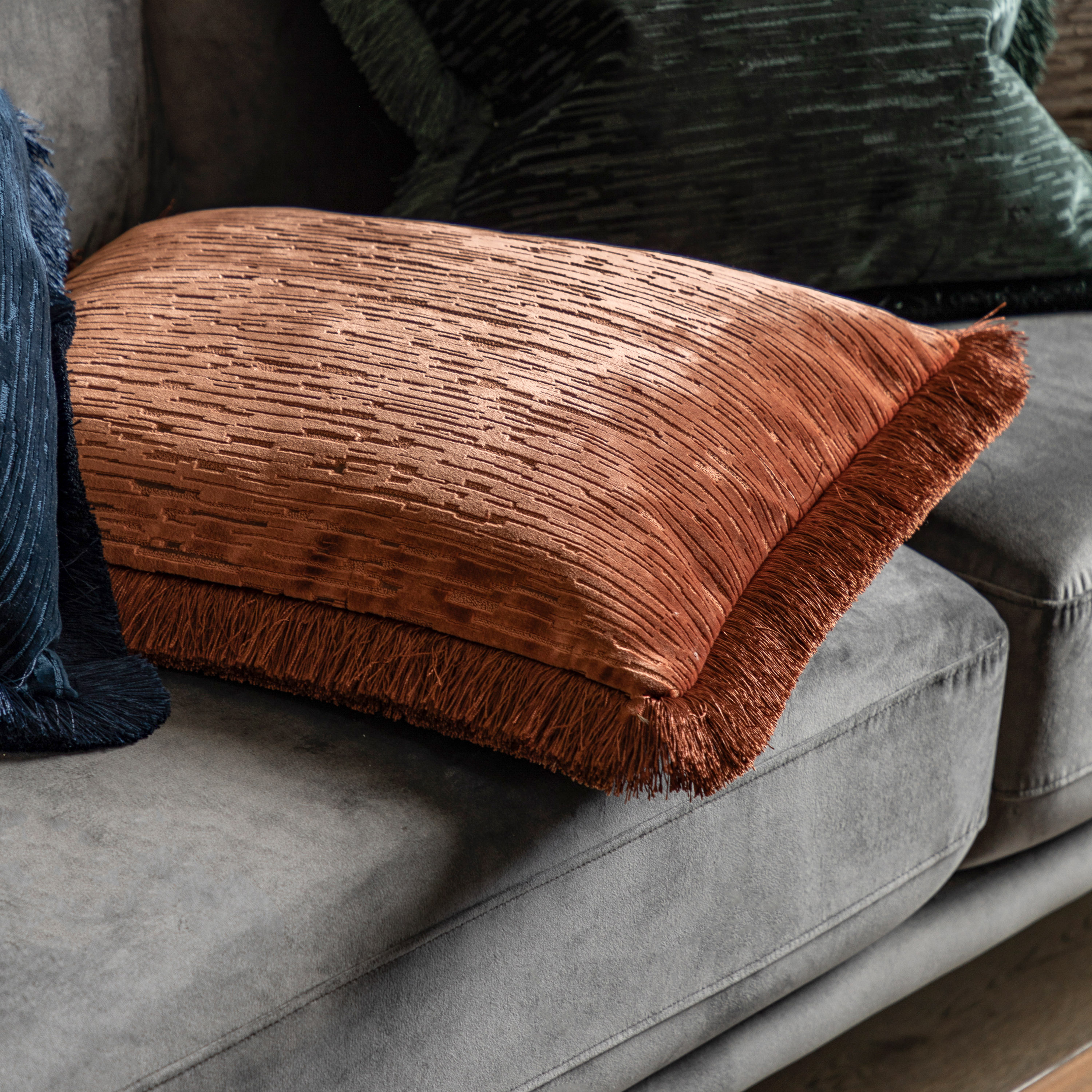 Cutano Velvet Fringe Cushion Terracotta (Pair) by Gallary Living | Style Our Home