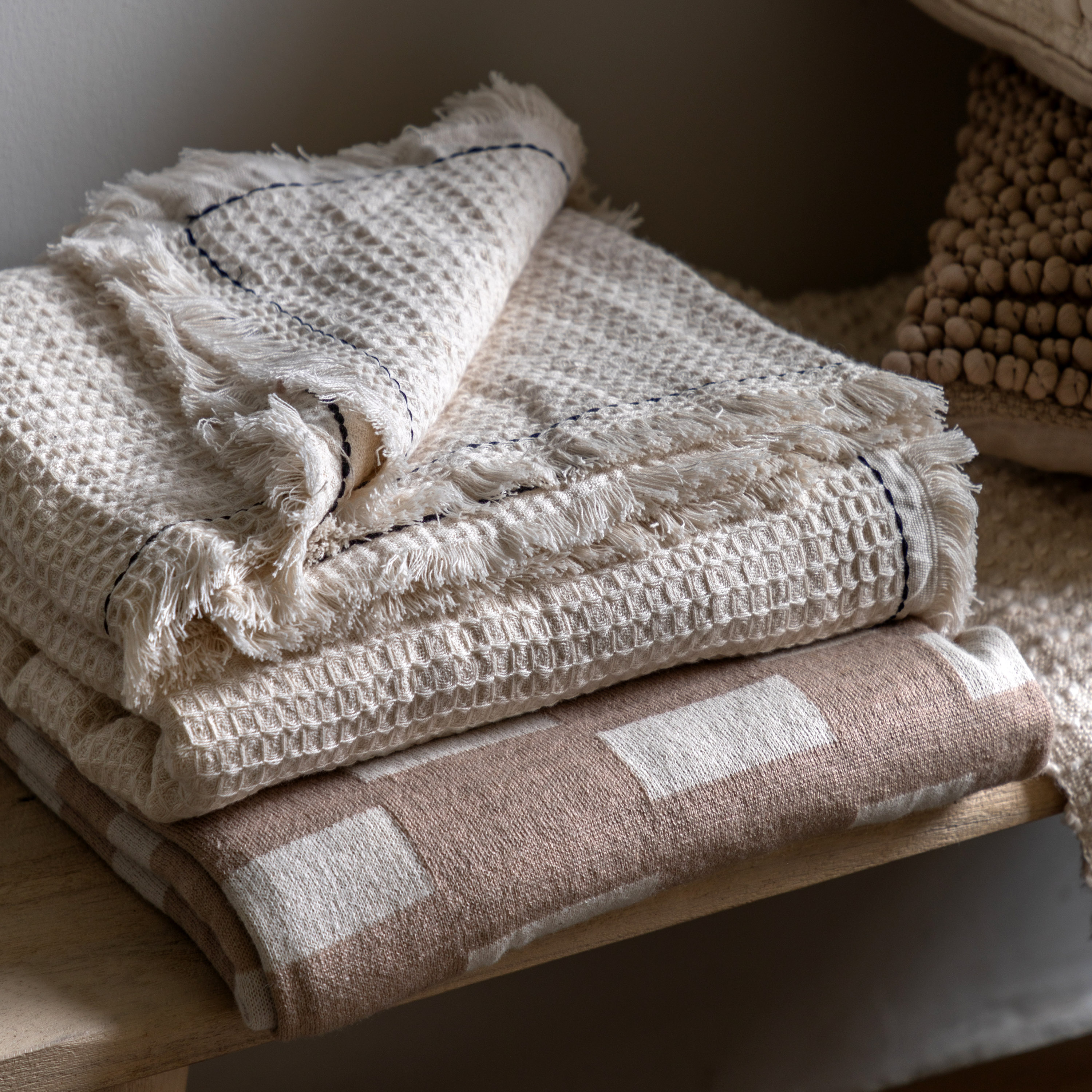 Stitchano Border Waffle Throw Cream by Gallary Living | Style Our Home