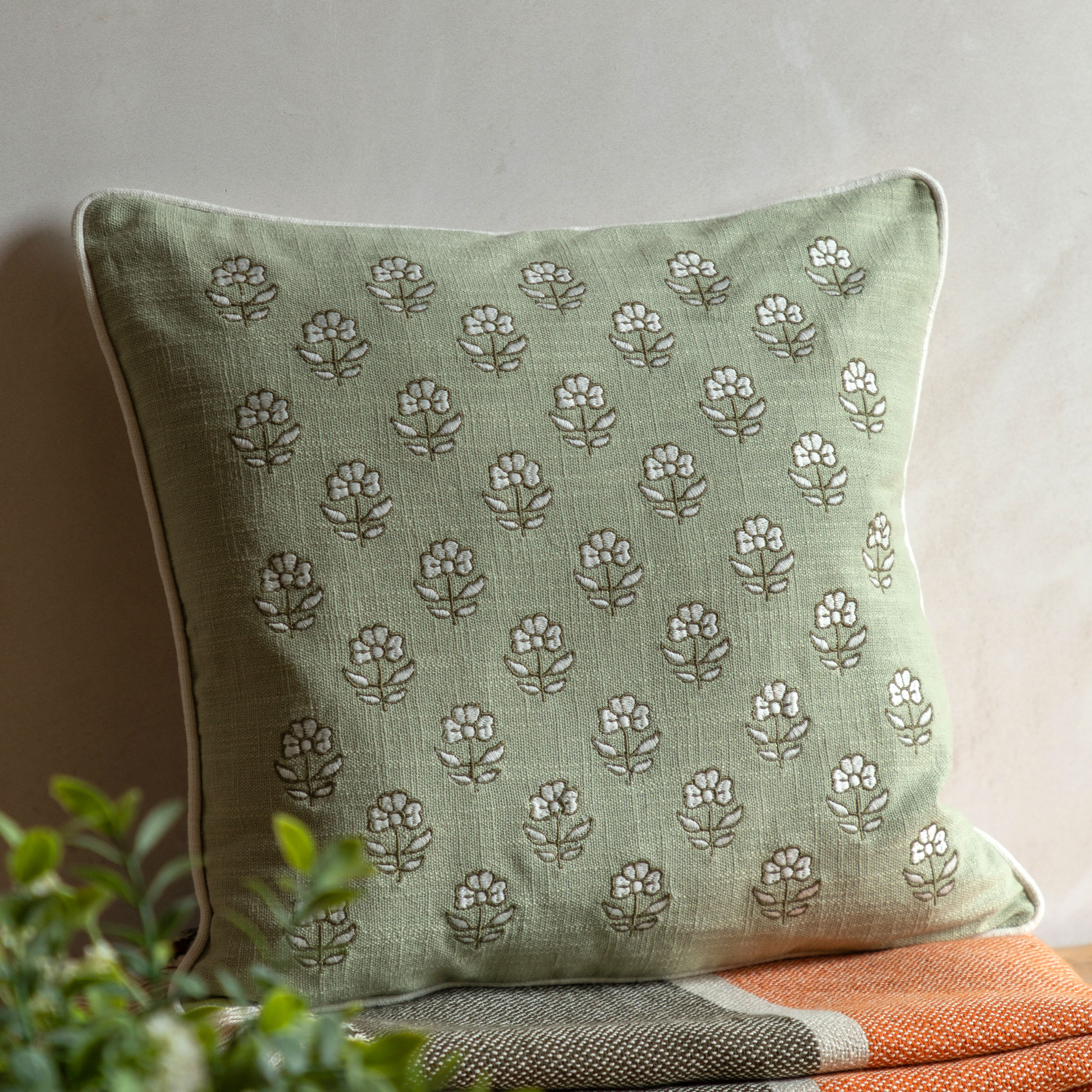 Ilkano Embroider Floral Cushion Sage (Pair) by Gallary Living | Style Our Home