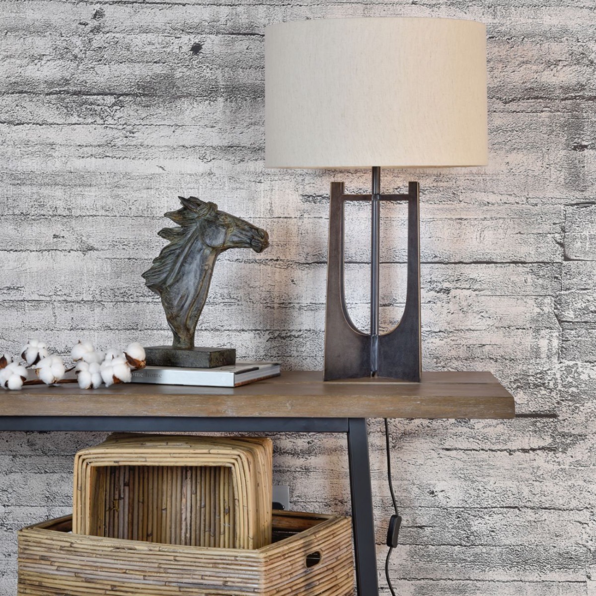 Glenthorpe Hammered Iron Table Lamp Gilded Oak with Irish Linen Shade