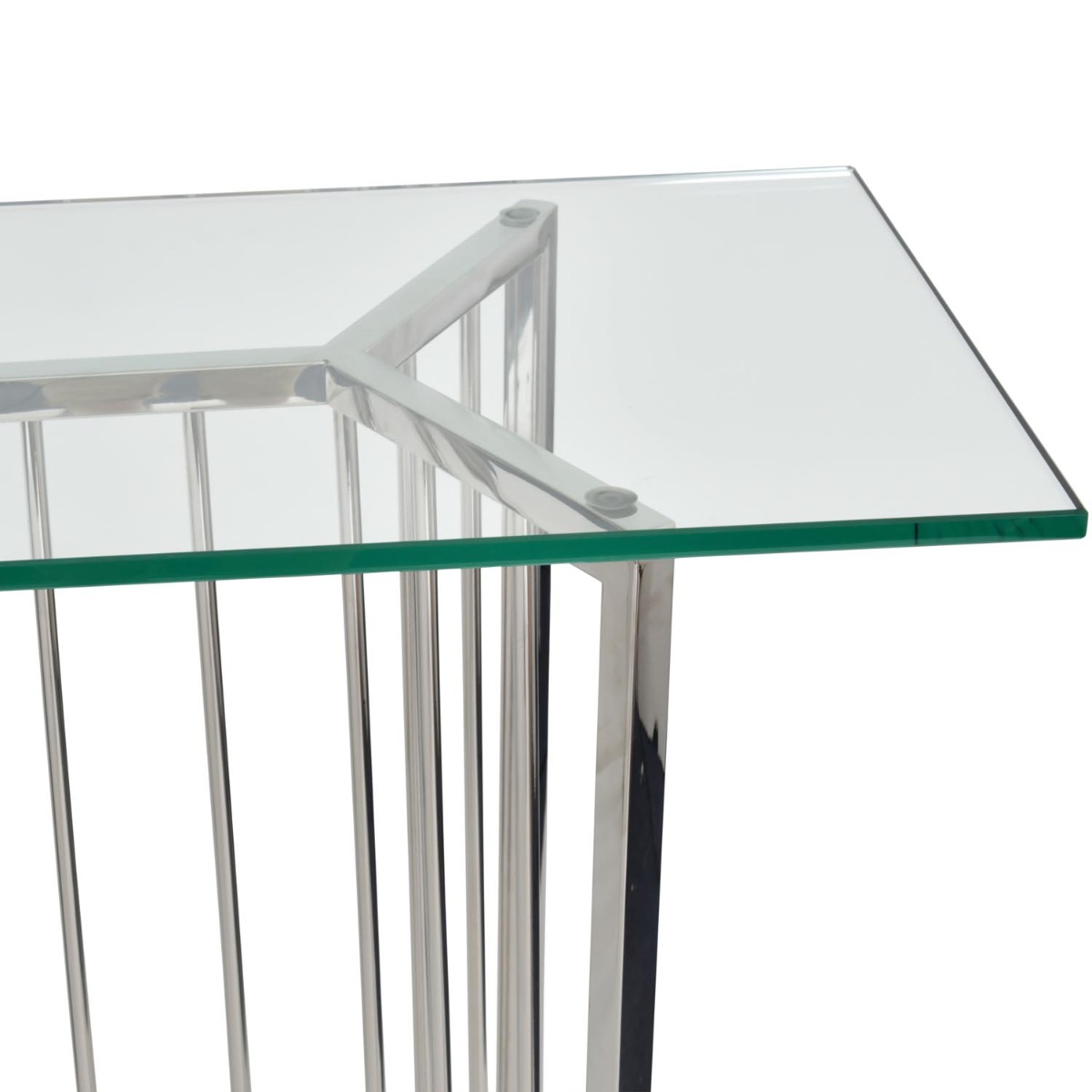 Abington Stainless Steel Frame and Clear Glass Console Table by Libra Designs | Style Our Home
