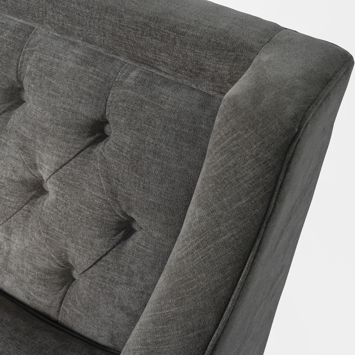 Theodore Buttoned Armchair in Warm Grey Fabric By Libra | Style Our Home