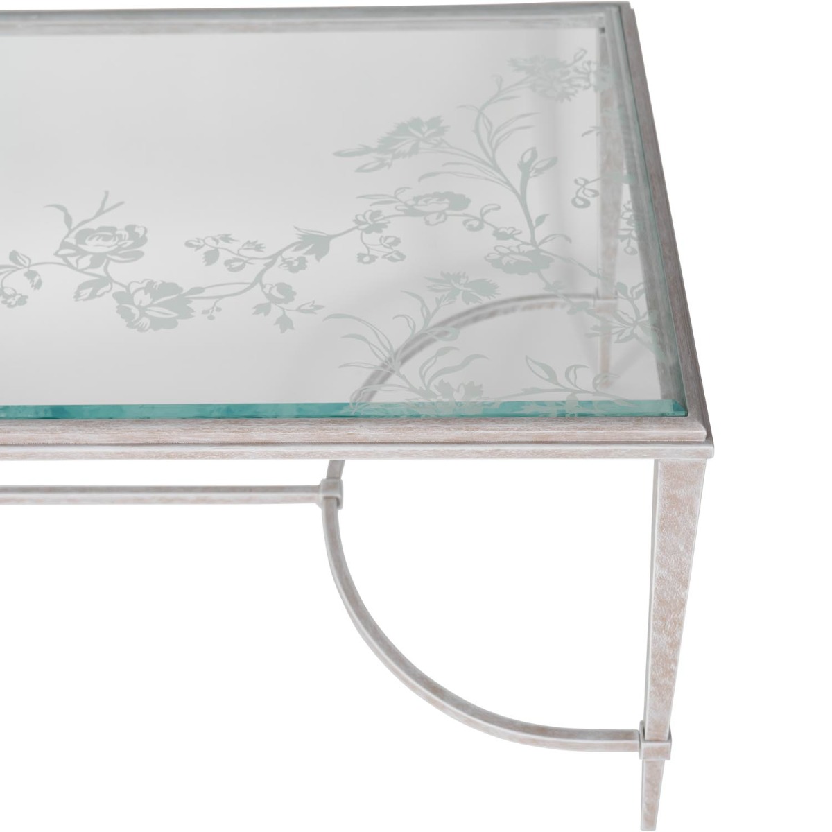 Laura Ashley Aria Etched Glass Distressed White Iron Coffee Table by Libra Designs | Style Our Home
