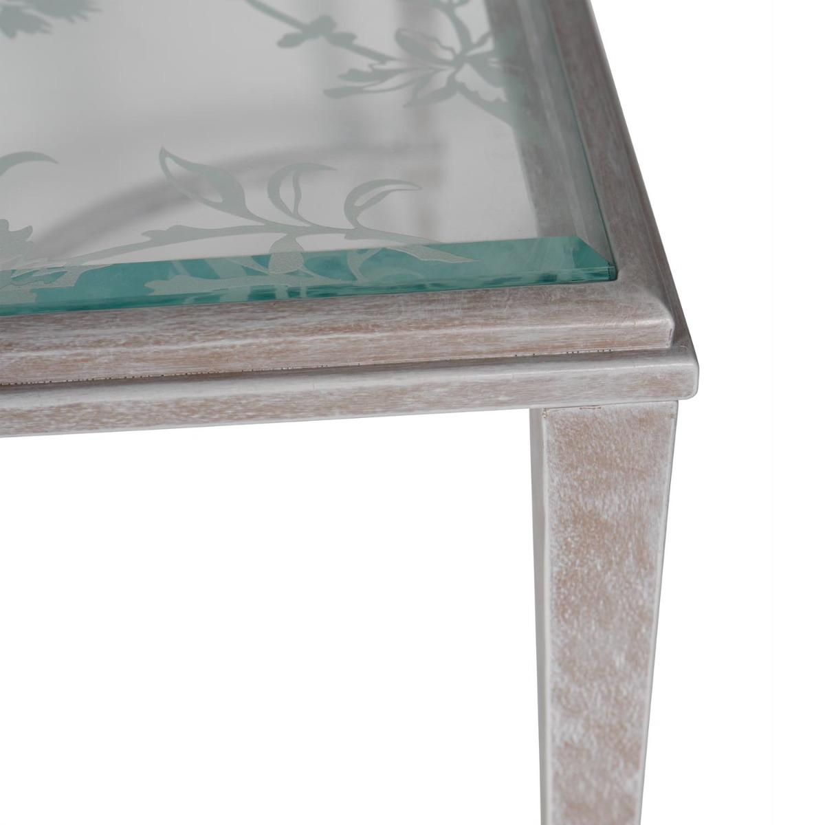 Laura Ashley Aria Etched Glass Distressed White Iron Coffee Table by Libra Designs | Style Our Home
