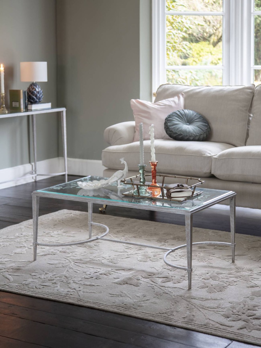 Laura Ashley Aria Etched Glass Distressed White Iron Coffee Table by Libra Designs | Style Our Home
