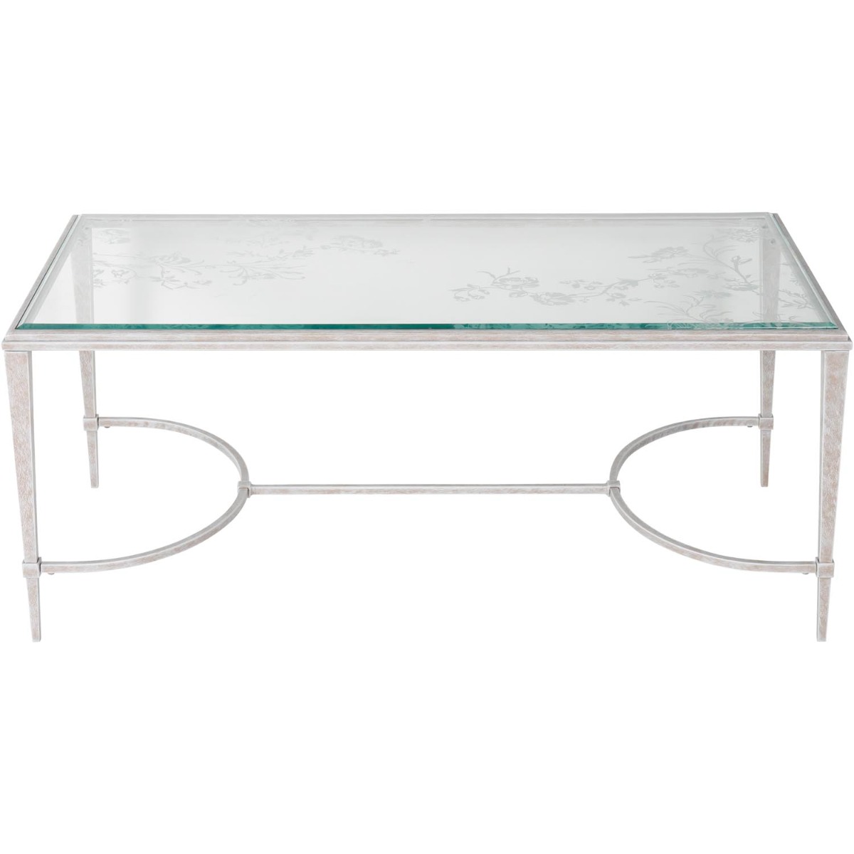 Laura Ashley Aria Etched Glass Distressed White Iron Coffee Table by Libra Designs | Style Our Home

