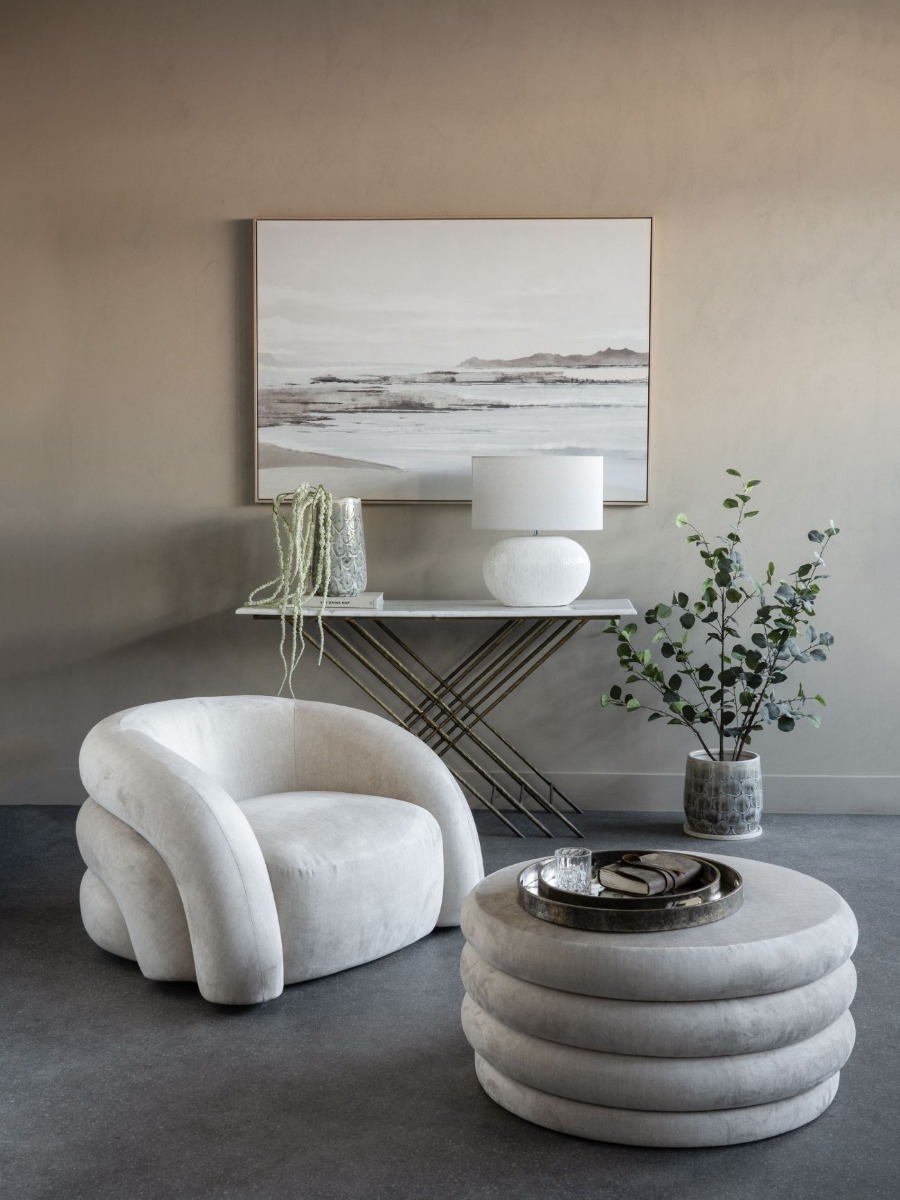 Casa Upholstered Curved Snug Chair Cream by Libra Designs | Style Our Home