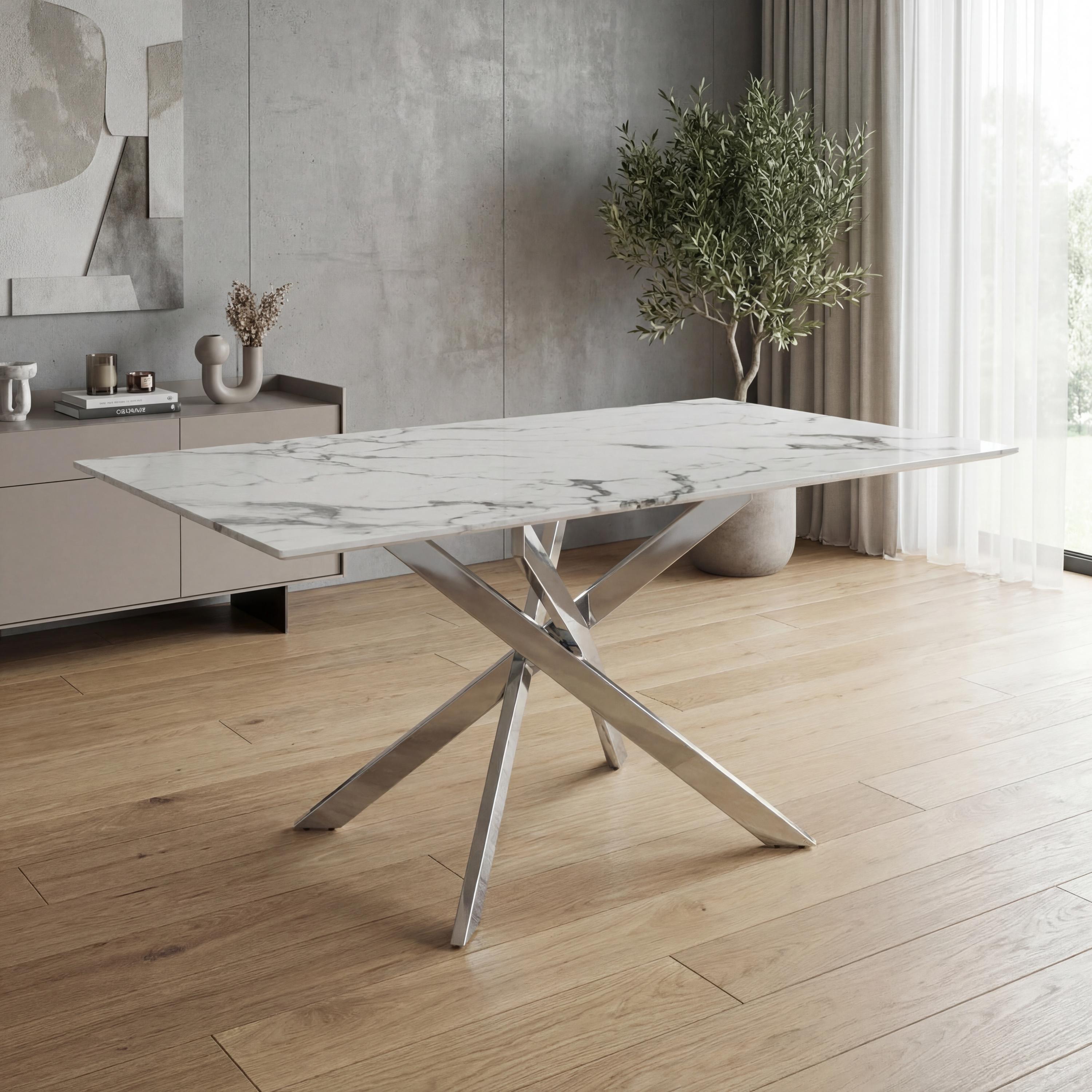 Vantaio White Marble Effect Glass Dining Table with Chrome Base by Shankar | Style Our Home