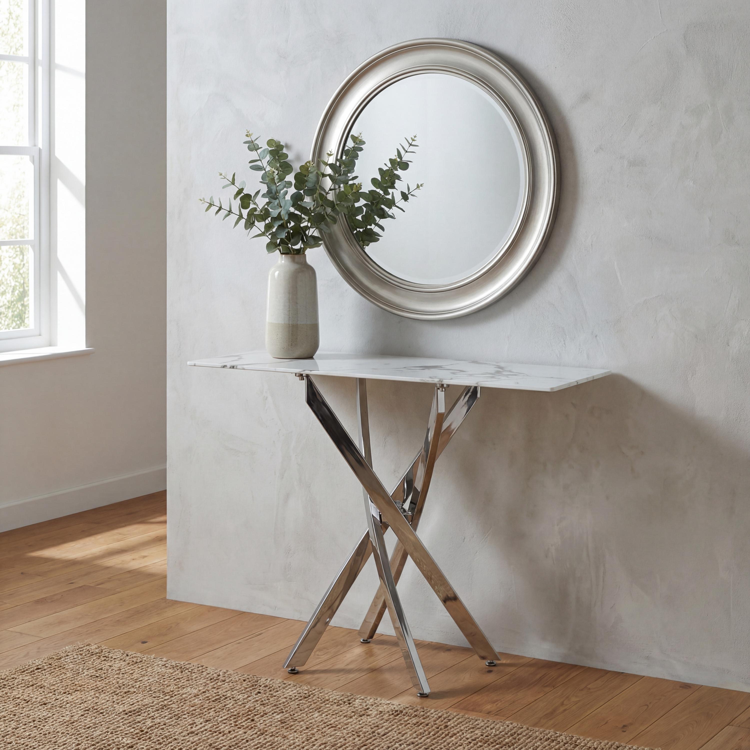 Rowen White Marble Effect Glass Console Table with Chrome Base by Shankar | Style Our Home