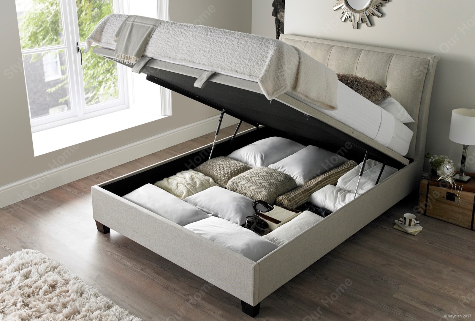 Accent Upholstered Ottoman Storage Double Bed - Oatmeal