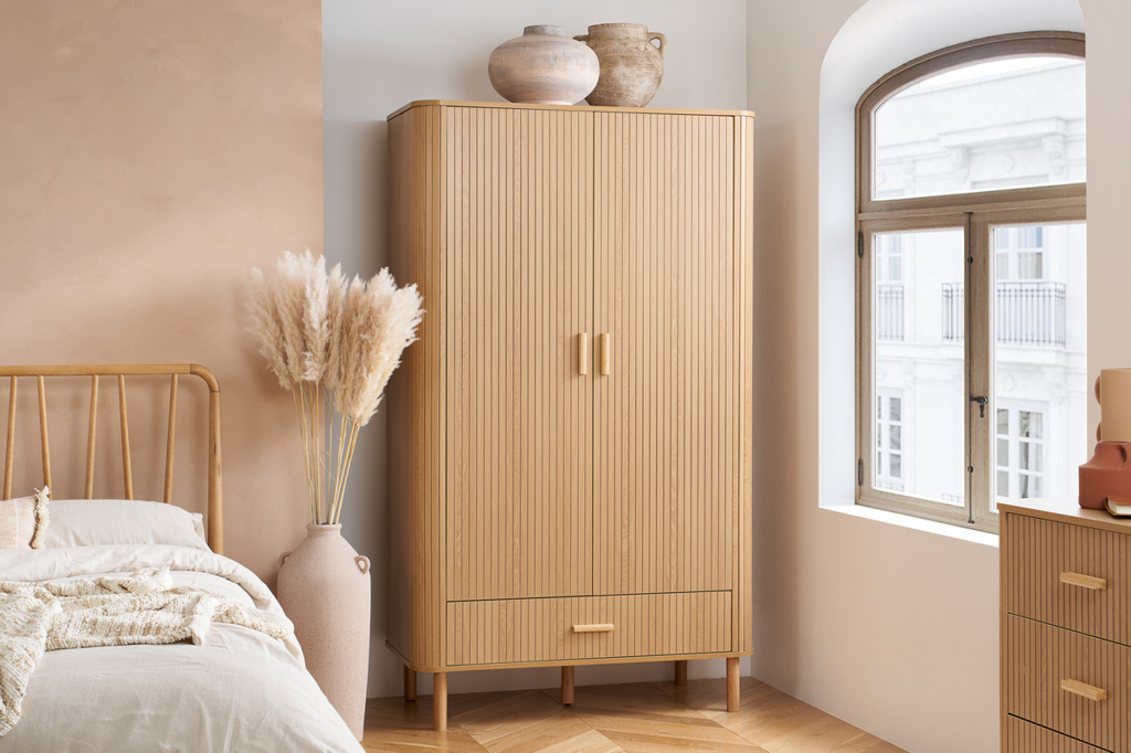 Axel 2 Door 1 Drawer Fluted Wardrobe Oak by Birlea | Style Our Home
