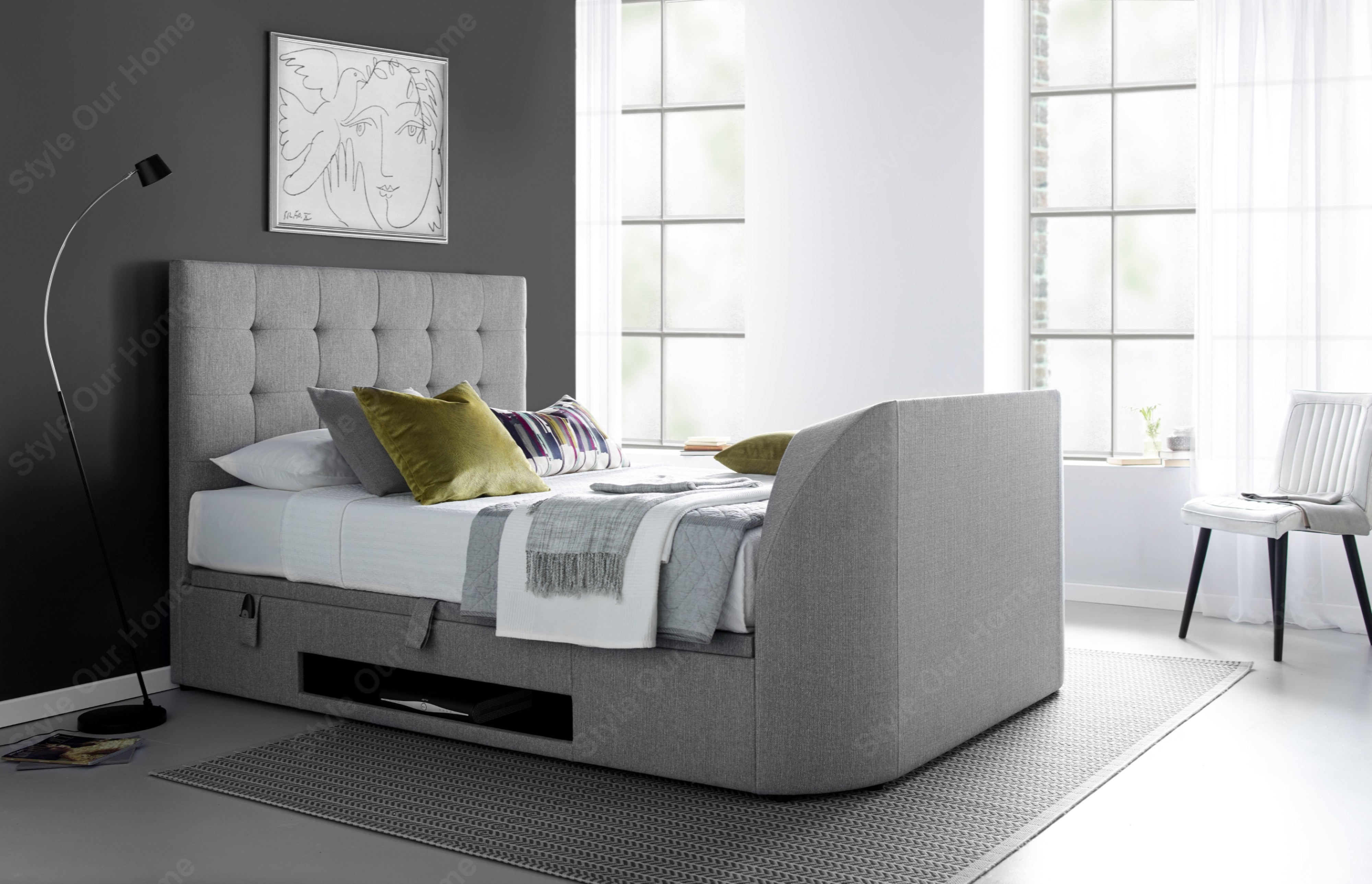 Barnard Fabric TV Bed and Ottoman 4'6 Double Bedstead - Style Our Home 