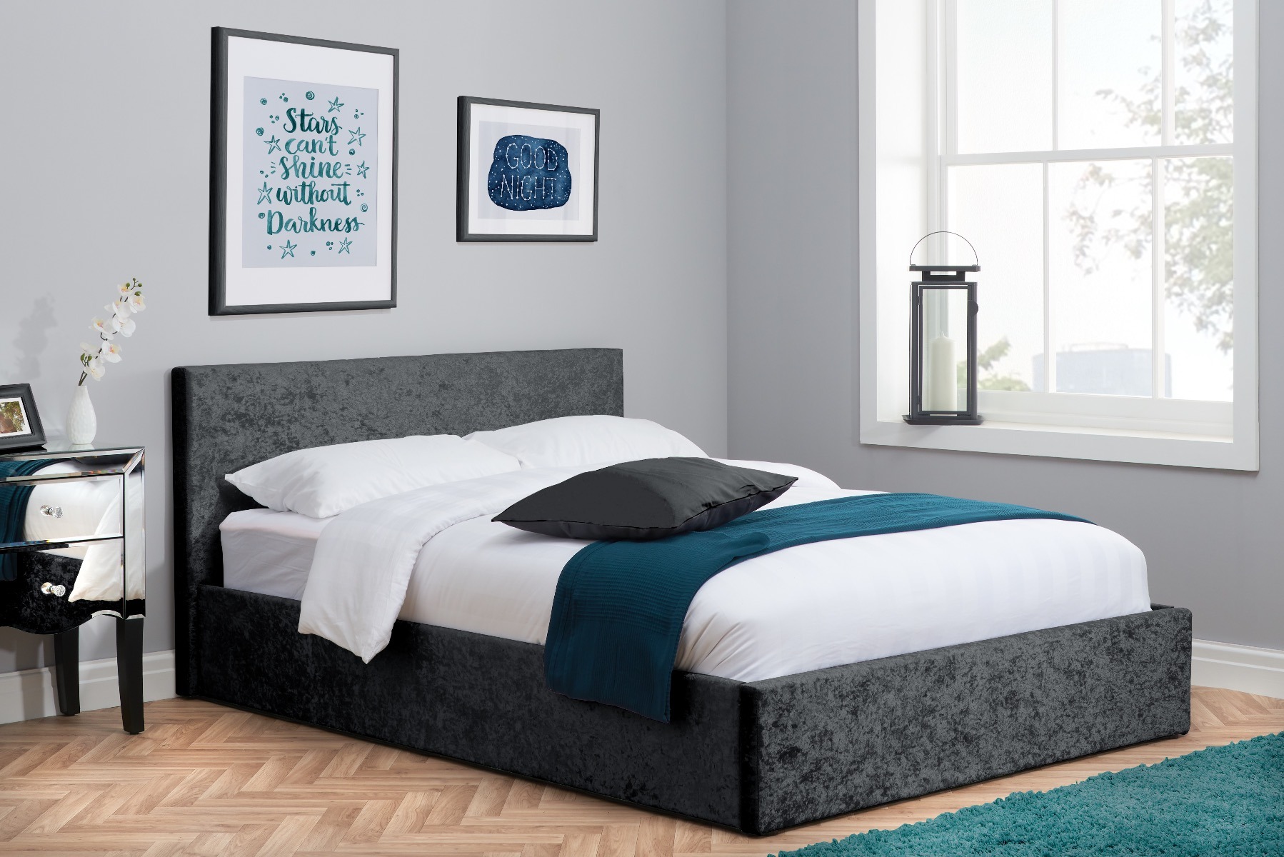 Berlin Black Crushed Velvet Small Double Ottoman Bed