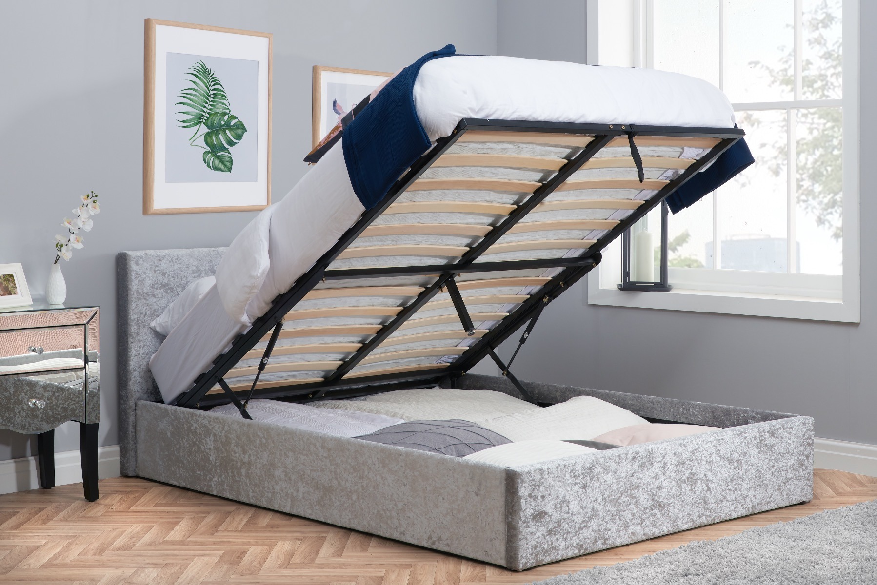 Berlin Steel Crushed Velvet King Ottoman Bed