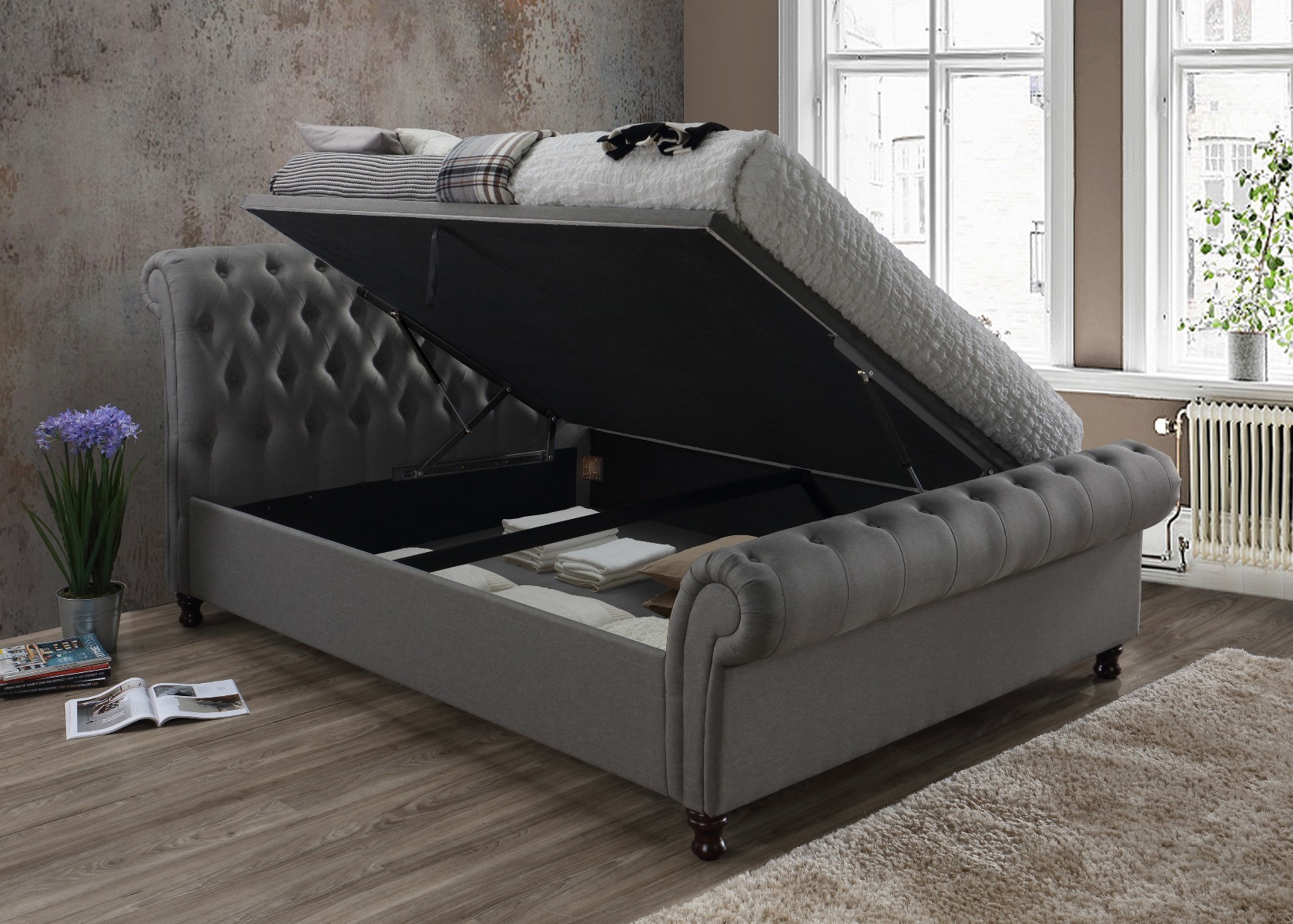 Castello Grey King Ottoman Bed