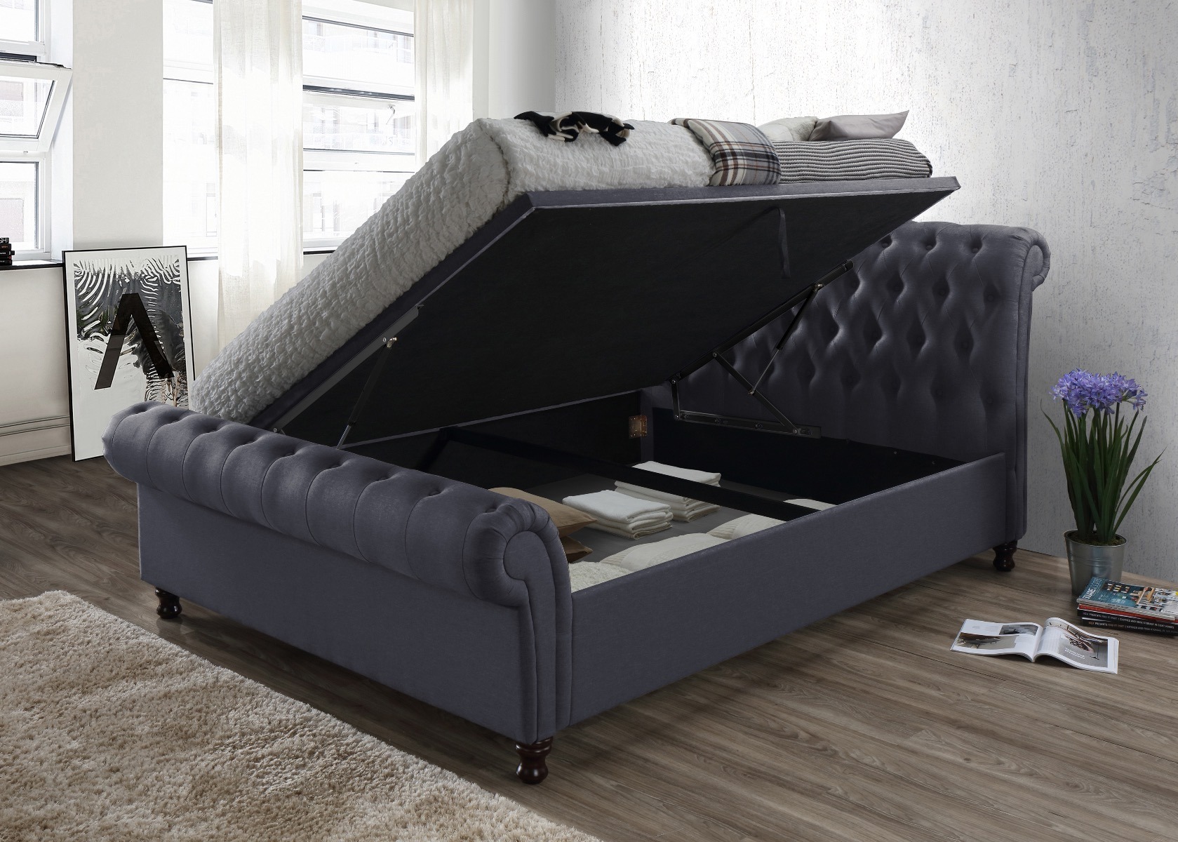 Castello Charcoal King Ottoman Bed