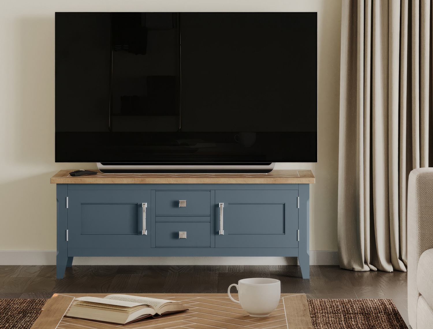 Signature Blue Widescreen Television Stand by Baumhaus | Style Our Home