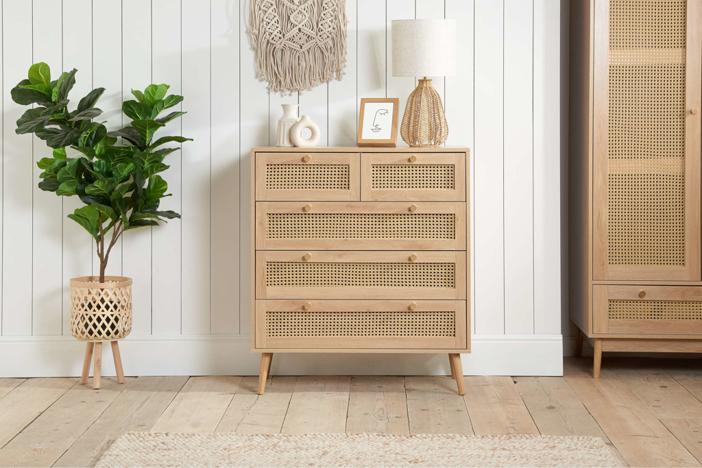 Croxley 5 Drawer Rattan Chest Oak by Birlea | Style Our Home