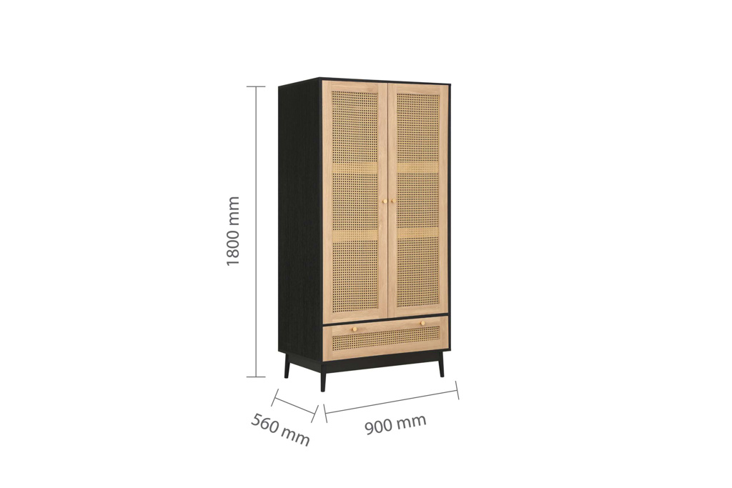Croxley 2 Door 1 Drawer Rattan Wardrobe Black by Birlea | Style Our Home