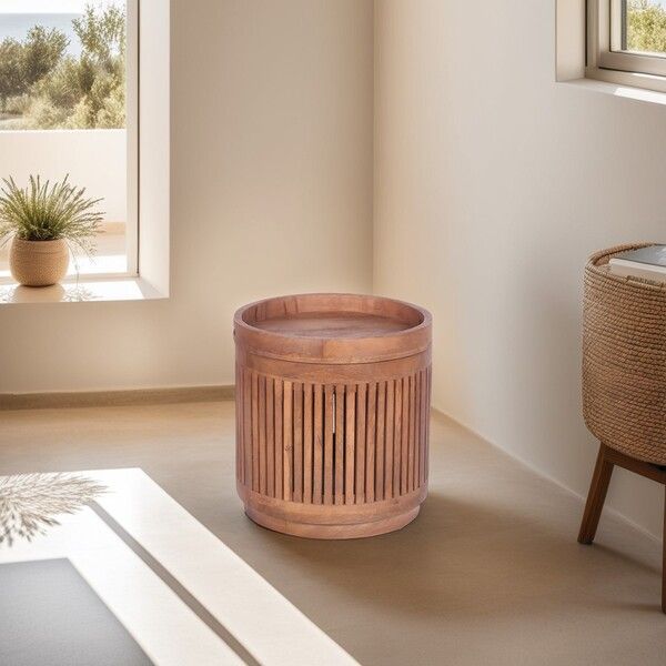 Round Side Table With Sculpted Cylinder Base by Indus Valley