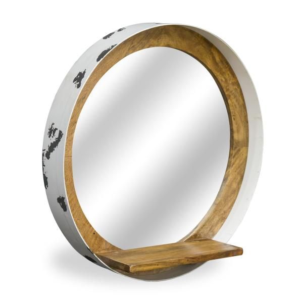 Distressed White Recycled Drum Round Mirror w shelf by Monologue | Style Our Home