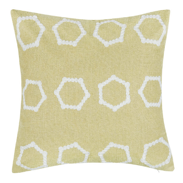 Embroidered Hexagons On Faux Linen Acid Green by Malini | Style Our Home