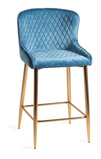 Upholstered Blue Velvet Diamond Bar Stool with Gold Frame (Pair)