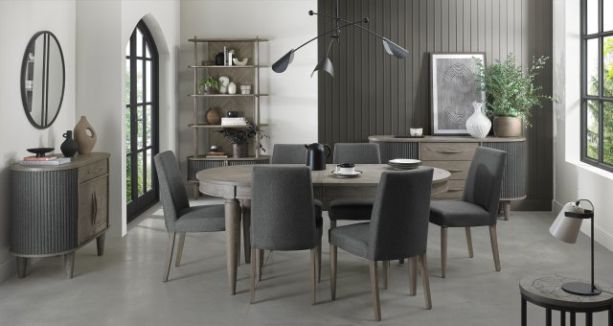 Monroe Silver Grey 6-8 Seater Dining Table & 6 Monroe Silver Grey Upholstered Chairs in Slate Grey Fabric by Bentley Designs | Style Our Home